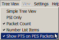 Show PTS on PES Packets menu